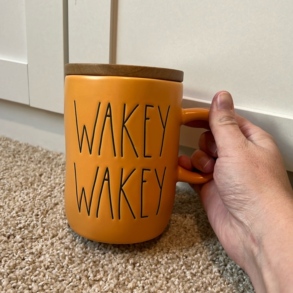 Rae dunn wakey wakey fall mug with wooden coaster topper